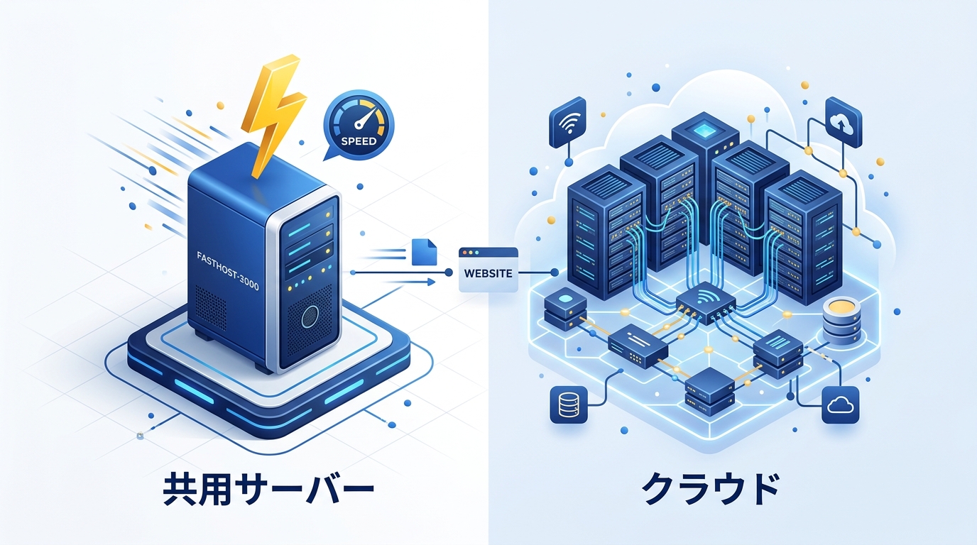 共用サーバーとクラウドサーバーの構成比較イラスト